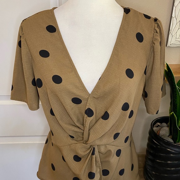 OLM Polka Dot Twist Front V Neck Blouse - Picture 4 of 11